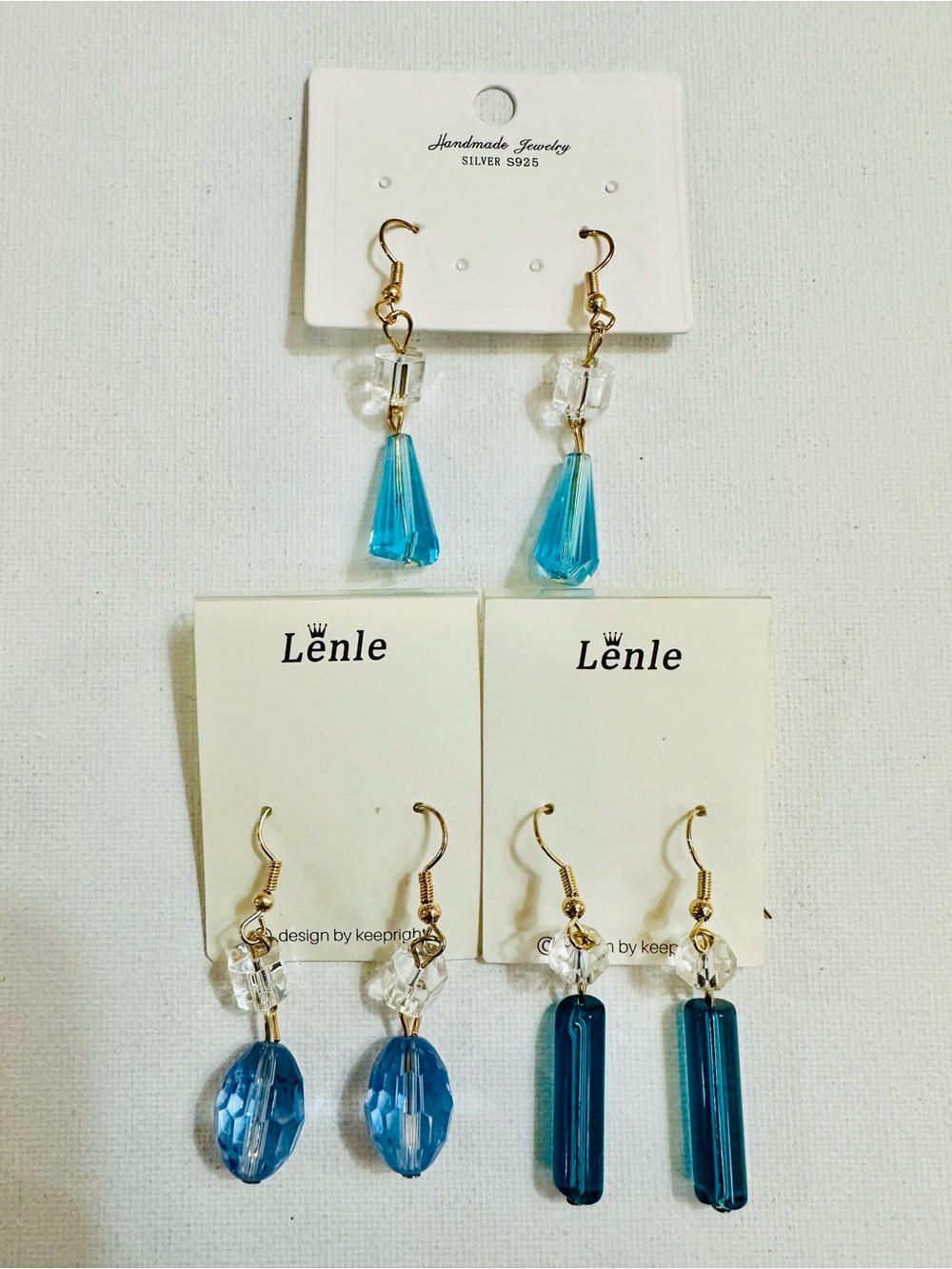 3 Pair Ocean Blue Crystal Drop Earring Bundle Gold Tone